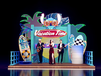 Vacation Time Themed Photo Spot With Neon Lights Palm Trees Surfboard And Band Members 3d model