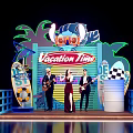 Vacation Time Themed Photo Spot With Neon Lights Palm Trees Surfboard And Band Members