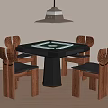 Modern Wooden Mahjong Table With Curved Back Chairs And Hanging Lamp