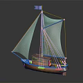 Wooden Sailboat Model With White Sails And Blue Flag On Dark Background