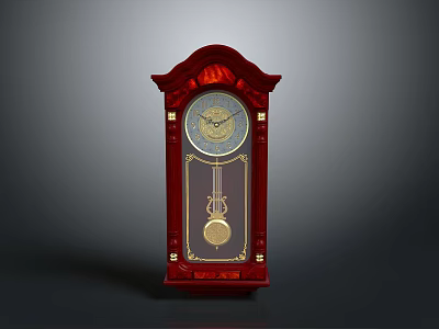 Traditional Red Wooden Grandfather Clock With Gold Accents Round Dial And Pendulum 3d model