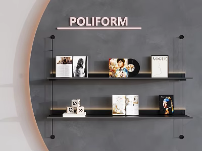 Books And Magazines On Black Shelves Display Against Gray Poliform Wall 3d model