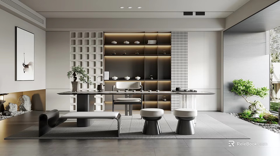 Modern Tea Room Interior With White Lattice Shelves Tea Sets Table Stools And Green Plant 3d model 