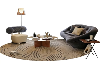 Curved Casual Sofa Set With Round Geometric Rug Coffee Table And Floor Lamp 3d model