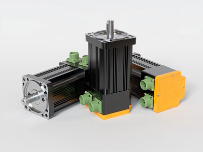 Industrial Servo Motors With Black Green Yellow Housings And Metal Shaft Components 3d model