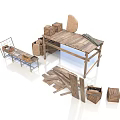 Wooden Workshop Setup With Workbench Scattered Planks Crates And Metal Frame Shelf 3d model