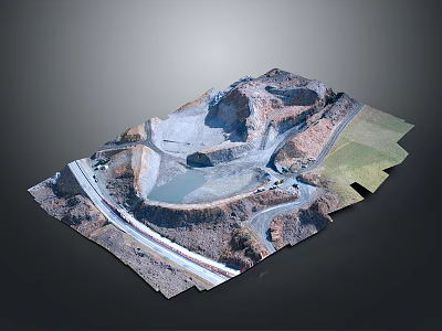 Mining Area Scenery Featuring Excavated Terrain Water Pond Road And Green Grassy Area 3d model