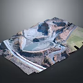 Mining Area Scenery Featuring Excavated Terrain Water Pond Road And Green Grassy Area