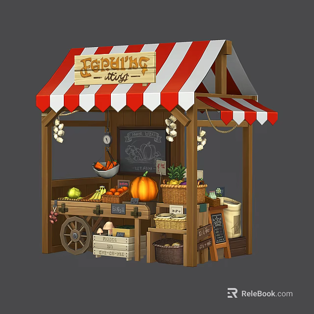 Cartoon Fruit Stall With Red White Striped Awning And Fresh Produce 3d model 