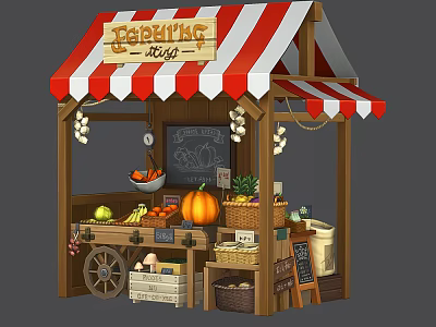 Cartoon Fruit Stall With Red White Striped Awning And Fresh Produce 3d model