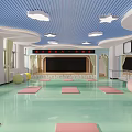 Vibrant Fitness Studio With Green Floor Pink Yoga Mats Blue Striped Ceiling And Exercise Balls