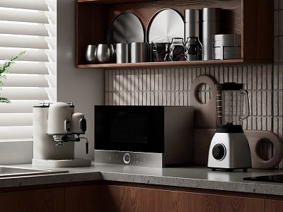 Modern Kitchen With Coffee Maker Microwave Blender And Wooden Cabinets On Marble Countertop 3d model