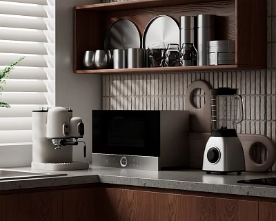Modern Kitchen With Coffee Maker Microwave Blender And Wooden Cabinets On Marble Countertop 3d model