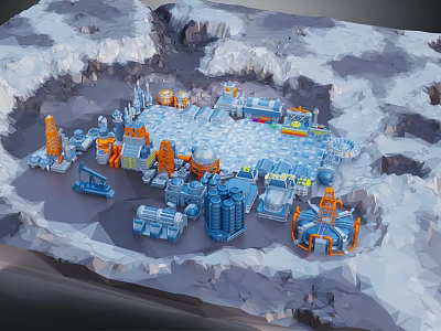 Industrial Building Complex in Snowy Terrain with Oil Wells Storage Tanks and Pipelines 3d model