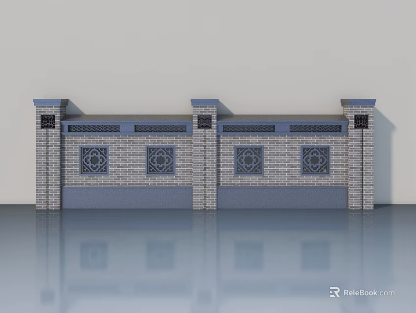 Gray Swing Doors In Symmetric Brick Structure With Decorative Columns Patterned Windows And Reflective Floor 3d model