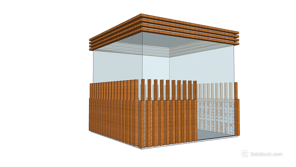 Modern Small Building Structure With Wooden Layered Roof And Glass Panel Sides Featuring Vertical Slats 3d model 