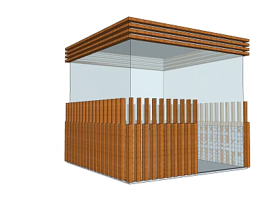Modern Small Building Structure With Wooden Layered Roof And Glass Panel Sides Featuring Vertical Slats 3d model