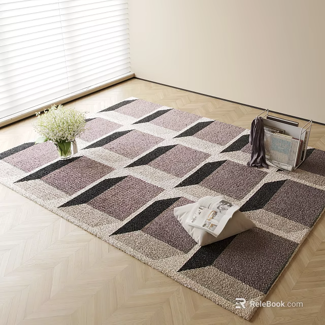 Purple Black Beige Geometric Square Rug on Light Wooden Floor with White Flower Vase 3d model 