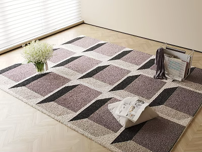 Purple Black Beige Geometric Square Rug on Light Wooden Floor with White Flower Vase 3d model