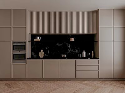Modern Kitchen With Light Colored Vertical Striped Cabinets Black Countertop And Herringbone Flooring 3d model