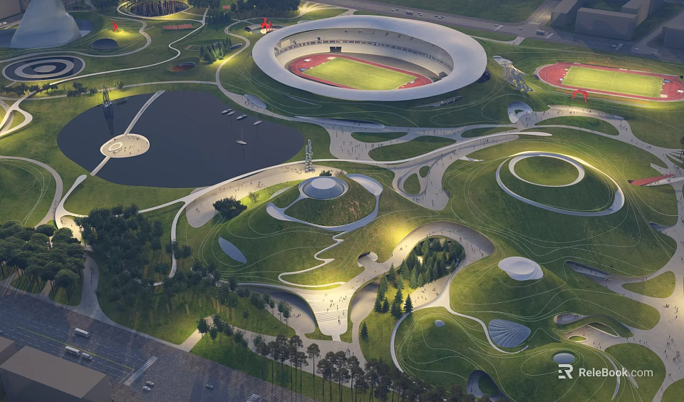 Modern Park Landscape with Circular Arena Lake Winding Paths Lawns and Illuminated Trees 3d model 