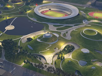 Modern Park Landscape with Circular Arena Lake Winding Paths Lawns and Illuminated Trees 3d model