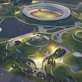 Modern Park Landscape with Circular Arena Lake Winding Paths Lawns and Illuminated Trees