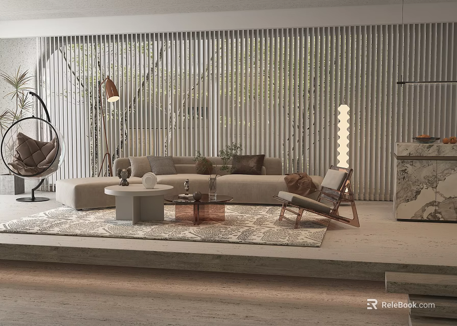 Modern Living Room Interior With Sofa Hanging Chair Area Rug And Slatted Wall 3d model 