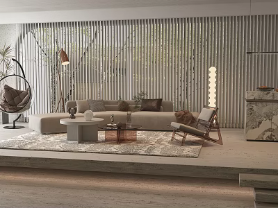 Modern Living Room Interior With Sofa Hanging Chair Area Rug And Slatted Wall 3d model
