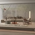 Modern Living Room Interior With Sofa Hanging Chair Area Rug And Slatted Wall