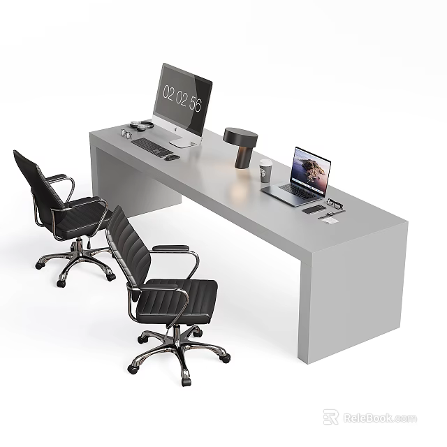 Modern Office Desk Setup With Dual Monitors Laptop Desk Lamp And Black Office Chairs 3d model 