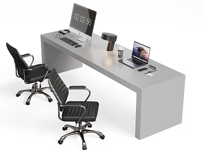 Modern Office Desk Setup With Dual Monitors Laptop Desk Lamp And Black Office Chairs 3d model