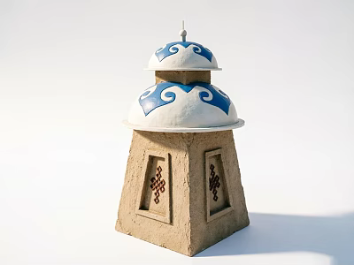 Tower Garden Ornament With Brown Base White Blue Decorative Top And Small Cross Pattern Windows 3d model