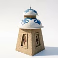 Tower Garden Ornament With Brown Base White Blue Decorative Top And Small Cross Pattern Windows