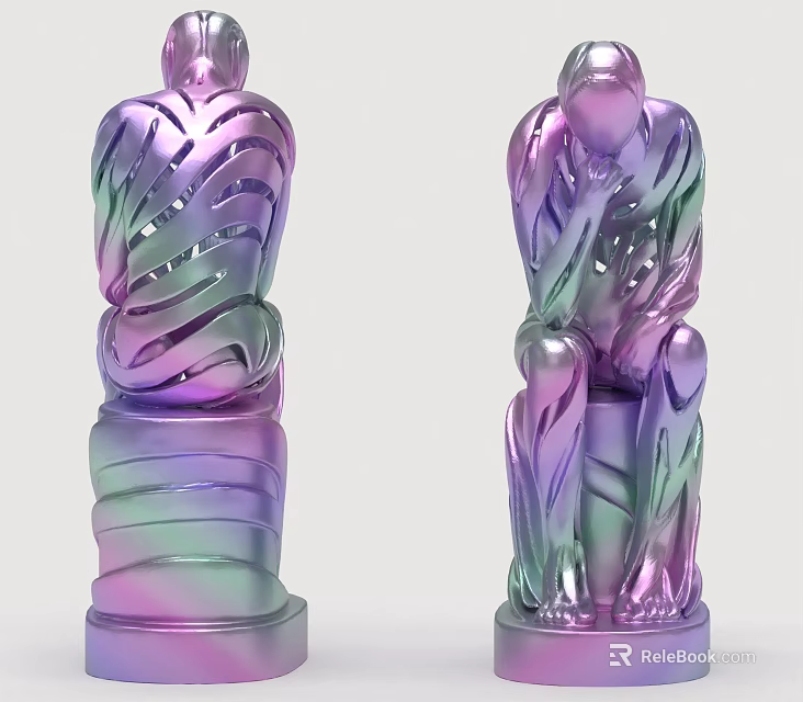 Colorful Human Form Sculptures with Gradient Purple Green Finish Intricate Hollow Carving on Pedestal 3d model 