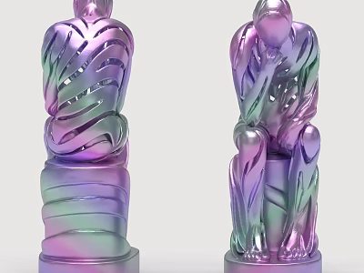 Colorful Human Form Sculptures with Gradient Purple Green Finish Intricate Hollow Carving on Pedestal 3d model