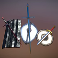 Medieval Weapons Collection Featuring Swords Shields And Metal Blades With Ornate Designs