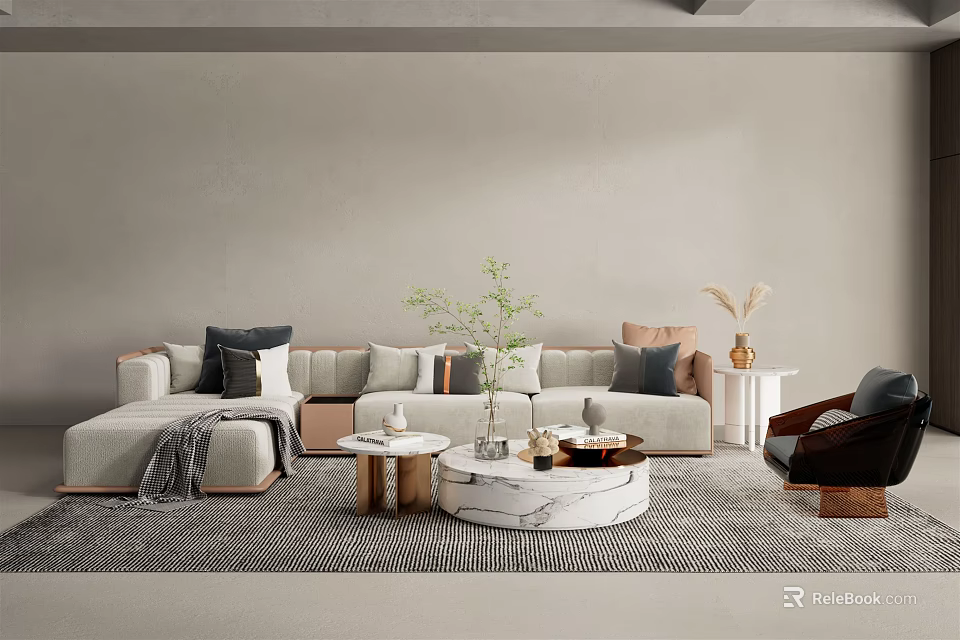 L Shaped Beige Sofa Coffee Table Combination With Round Marble Top And Decorative Pillows 3d model