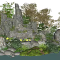 Natural Garden Ornament With Rockery Stone Arrangement Water Lilies And Lush Greenery