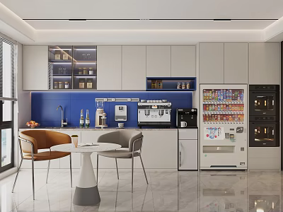 Modern Pantry Interior Design With Cabinets Coffee Machines Beverage Vending Machine And Tables Chairs 3d model