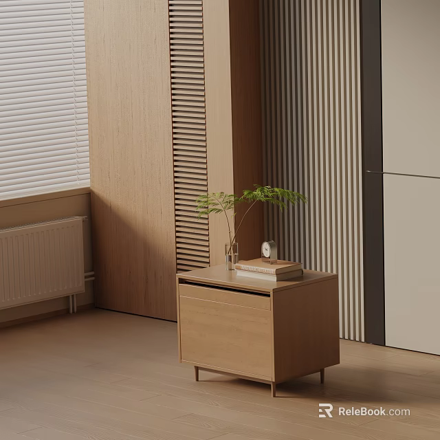 Modern Wooden Nightstand in Bedroom with Books Small Plant and Decorative Accent 3d model 