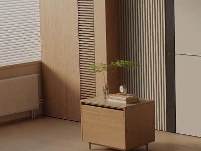 Modern Wooden Nightstand in Bedroom with Books Small Plant and Decorative Accent 3d model