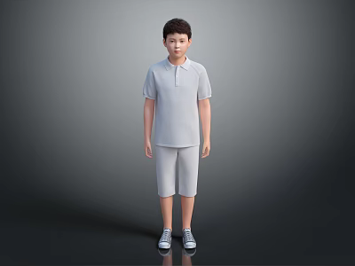 Man Standing In Light Gray Polo Shirt Shorts And Sneakers Against Gray Background 3d model