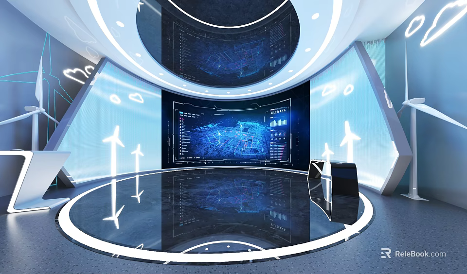 Modern Technology Exhibition Hall With Circular Layout Blue Screens Data Visualization And Interactive Arrows 3d model 