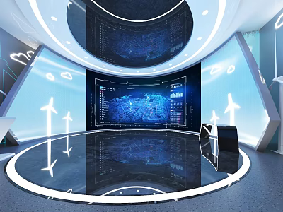 Modern Technology Exhibition Hall With Circular Layout Blue Screens Data Visualization And Interactive Arrows 3d model
