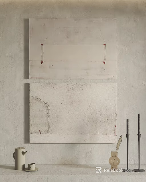 Two Abstract Paintings On Gray Textured Wall With Minimal Decorative Items 3d model