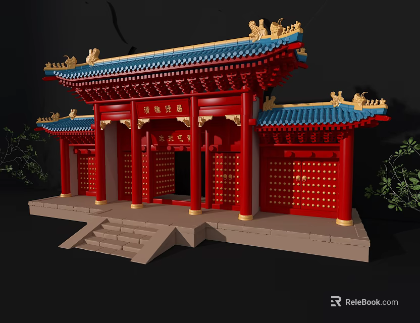 Traditional Chinese Gatehouse With Red Pillars Blue Roof Golden Decorations And Stone Steps 3d model 