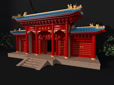 Traditional Chinese Gatehouse With Red Pillars Blue Roof Golden Decorations And Stone Steps 3d model