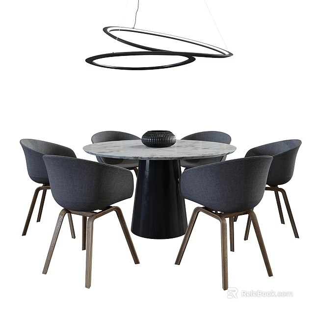 Round Dining Table Set With Marble Top Black Base Gray Chairs And Hanging Circular Light 3d model