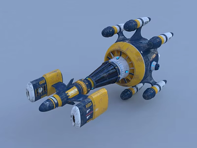 Futuristic Mechanical Device Featuring Yellow Blue White Color Multiple Arms And Propeller Parts 3d model